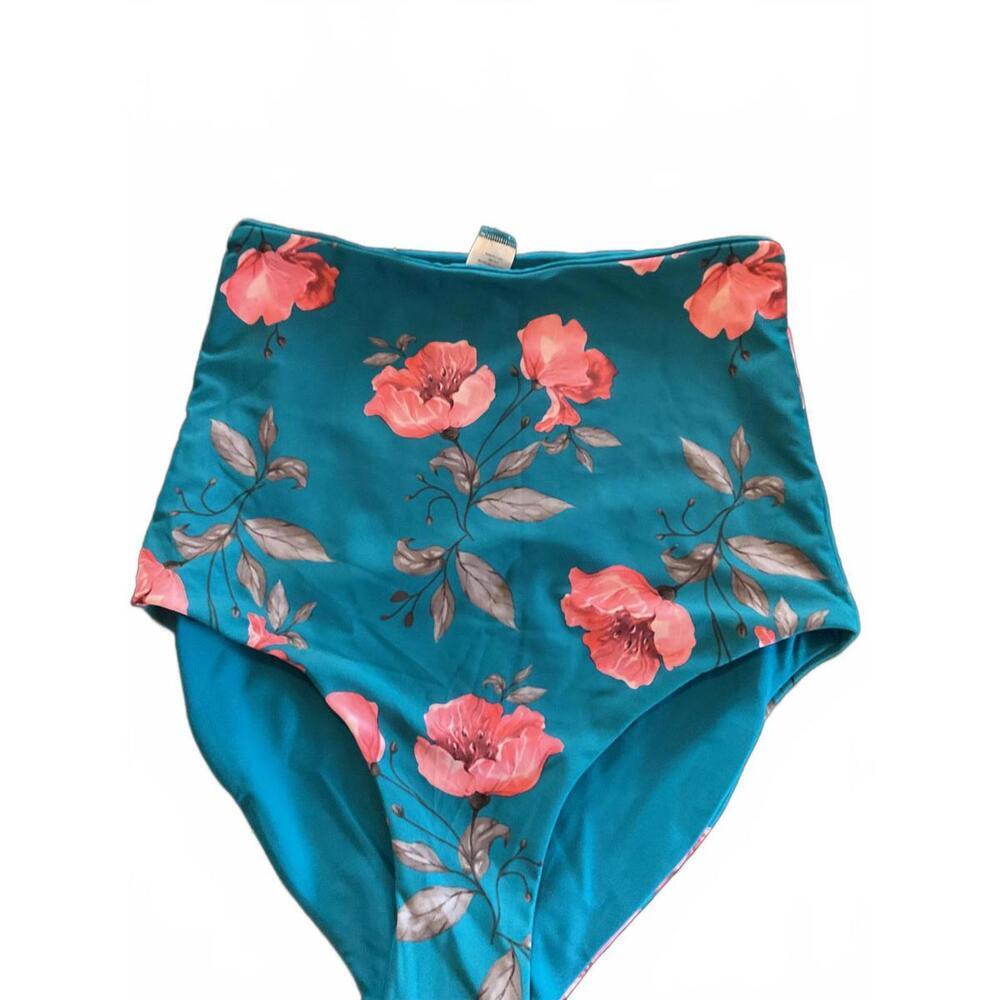 Coral Reef Reversible Floral Botanical High-Waisted Swim Bottom - Teal 8/10